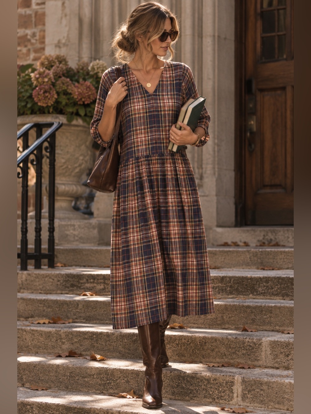 Sea New York Plaid V-Neck Midi Dress in Navy & Brown